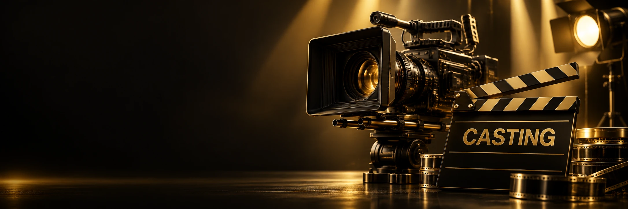Goldene Filmkamera und Filmklappe mit der Aufschrift Casting