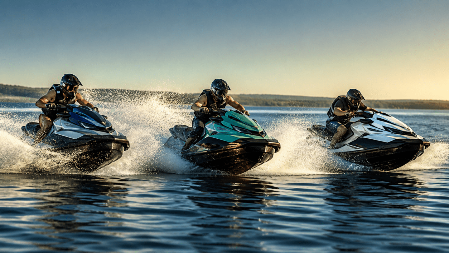 Illustration: Drei Jetski-Fahrer bei einem Rennen auf offenem Wasser.
