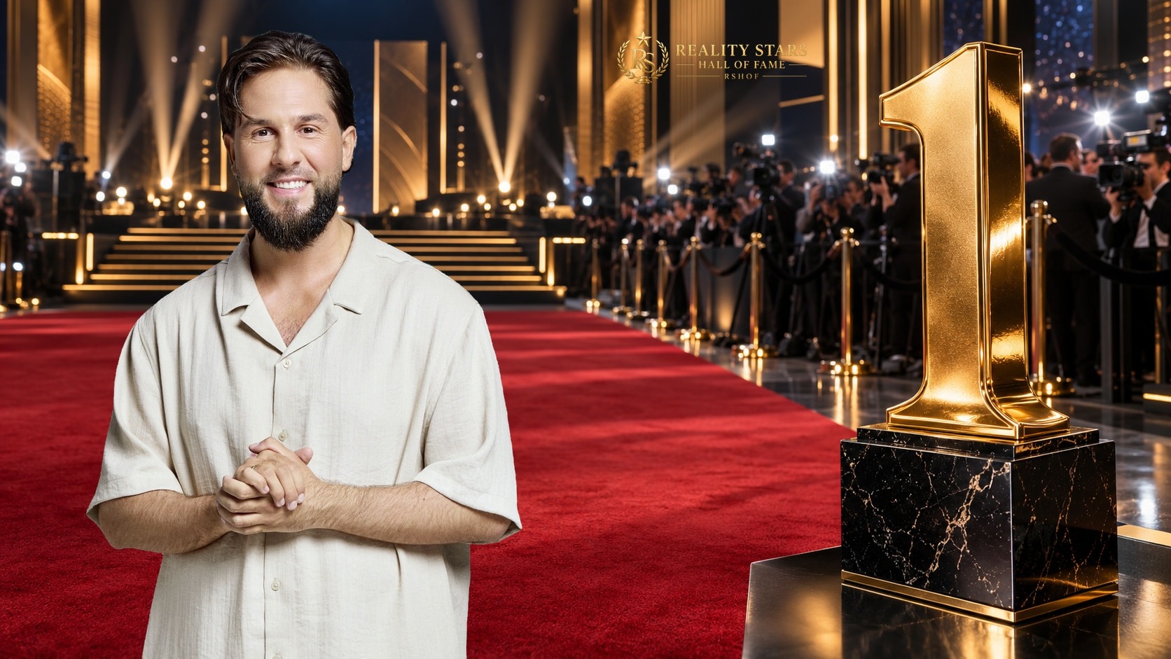 Maurice Dziwak vor einer gestalteten RSHOF-Award-Bühne mit rotem Teppich, Fotografen und goldenem Nummer-1-Award