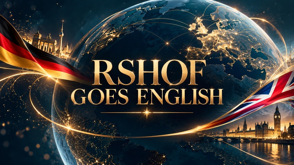 Goldene RSHOF English Edition Grafik mit Deutschland- und Großbritannien-Motiv vor einer vernetzten Weltkugel