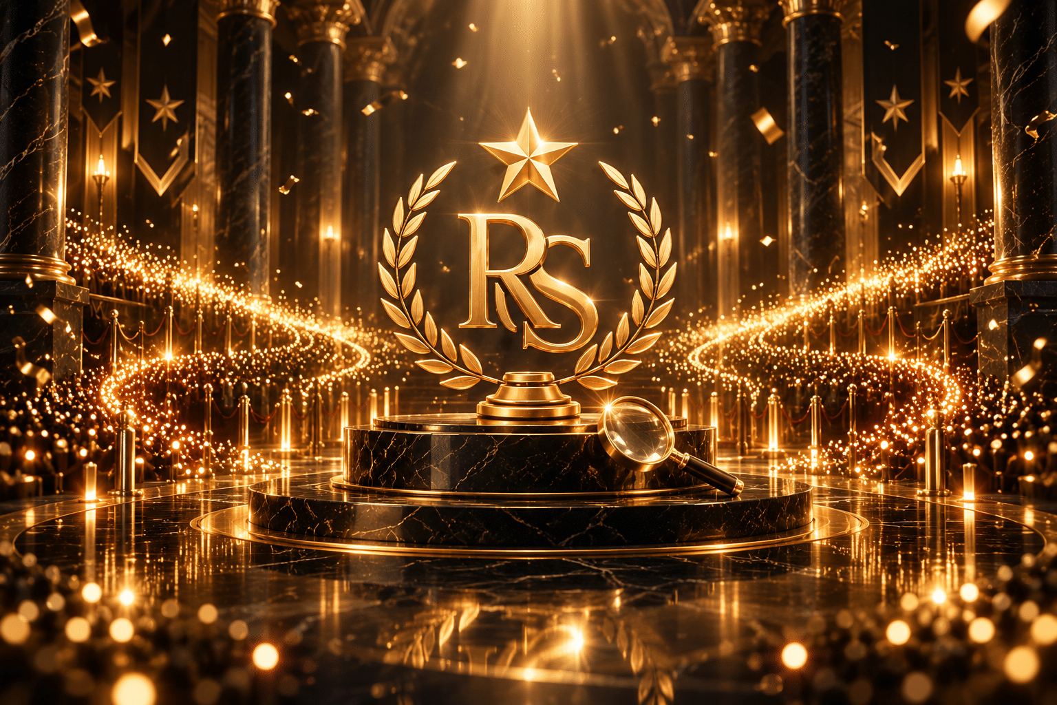 Goldenes RS-Emblem mit Lorbeerkranz und Stern in einer festlichen schwarzen Halle; Lichtspuren und eine Lupe symbolisieren die wachsende RSHOF-Community und Auffindbarkeit.