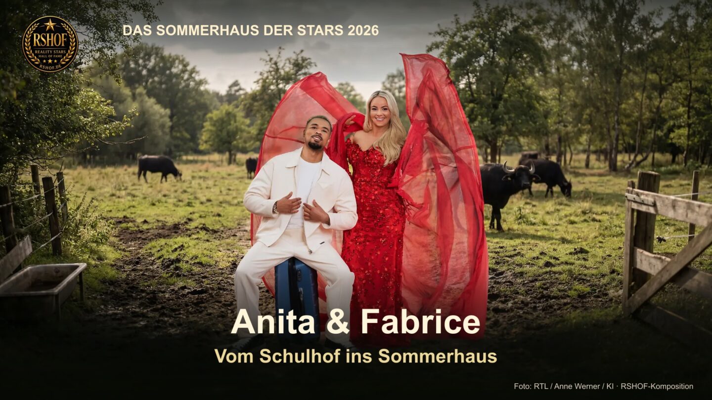 Anita Latifi und Fabrice vor dem Sommerhaus-Hintergrund: Vom Schulhof ins Sommerhaus, mit rundem RSHOF-Logo.