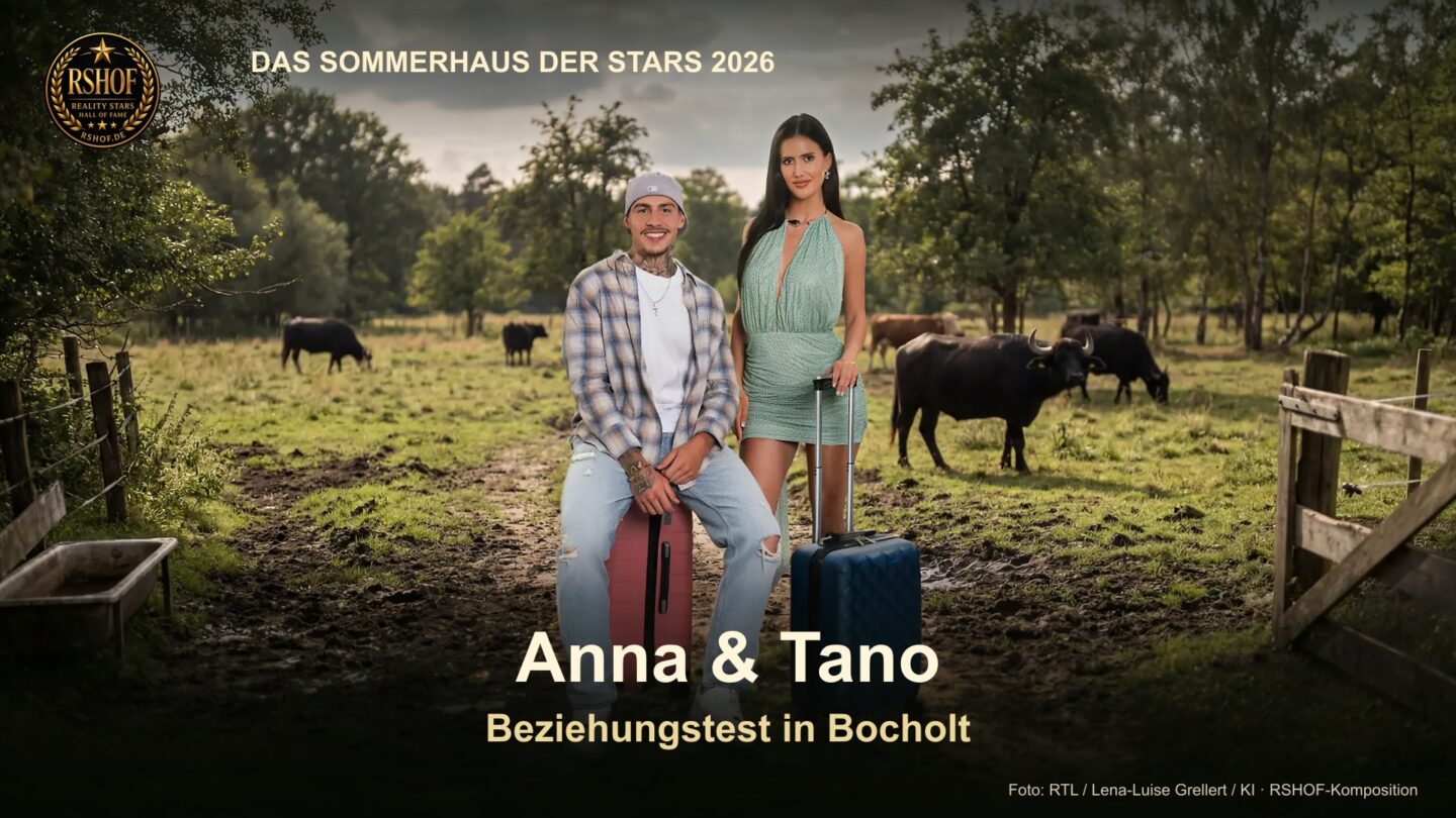 Anna und Tano vor dem Sommerhaus-Hintergrund: Beziehungstest in Bocholt, mit rundem RSHOF-Logo.