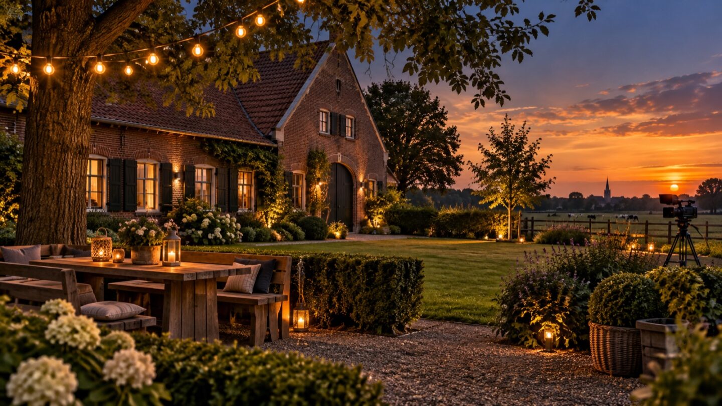 Symbolbild: Ländliches Sommerhaus in der Abenddämmerung mit beleuchtetem Garten und TV-Kamera