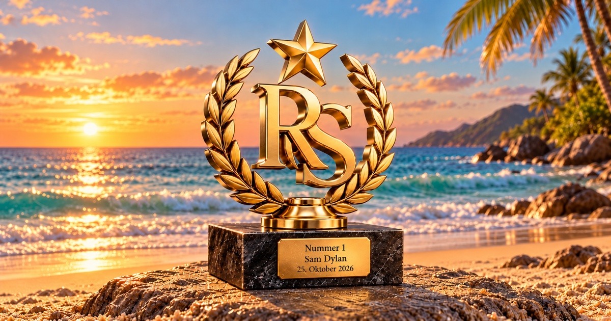 Goldener RSHOF-Award am Strand mit der Plakette Nummer 1, Sam Dylan, 25. Oktober 2026
