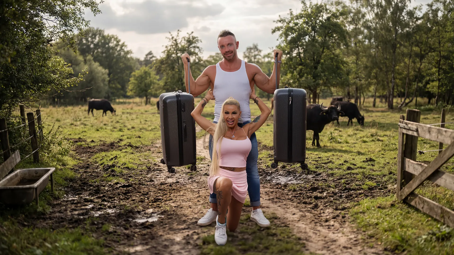 Ginger Costello-Wollersheim and Lukas Reiter with suitcases beside a pasture in Bocholt — the official couple photo from their arrival on Sommerhaus 2026.